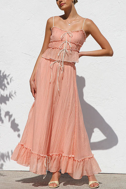 Moxidress Frill Trim Bow Crop Cami Top and Ruffle Maxi Skirt Set
