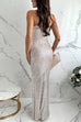 Moxidress Spaghetti Strap V Neck High Slit Sequin Maxi Party Dress