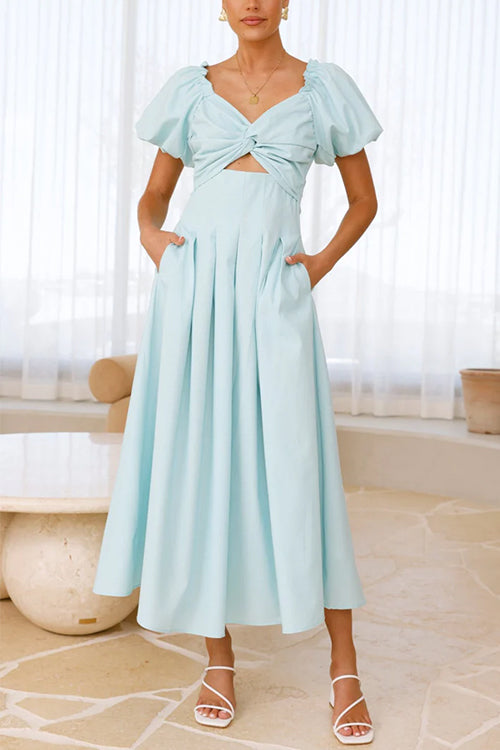 Moxidress V Neck Twist Front Puff Sleeves Cut Out Maxi Dress