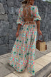 Moxidress Puff Sleeves Backless Lace-up Printed Maxi Vacation Dress