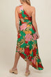 Moxidress One Shoulder Cut Out Asymmetric Hem Floral Print Pleated Maxi Dress