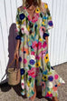 Moxidress Ruched Button Down Balloon Sleeves Printed Maxi Dress