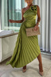 Moxidress 3D Rose One Shoulder Cut Out Waist Asymmetric Hem Pleated Maxi Dress