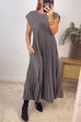 Moxidress Cap Sleeves Pocketed Loose Pleated Maxi Dress