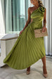 Moxidress 3D Rose One Shoulder Cut Out Waist Asymmetric Hem Pleated Maxi Dress