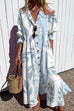 Moxidress Ruched Button Down Balloon Sleeves Printed Maxi Dress