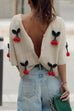 Moxidress Short Sleeves Button Up Cherry Decorative Knit Sweater