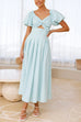 Moxidress V Neck Twist Front Puff Sleeves Cut Out Maxi Dress