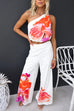 One Shoulder Sleeveless Crop Top Wide Leg Pants Printed Set