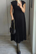 Moxidress Cap Sleeves Pocketed Loose Pleated Maxi Dress