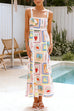 Moxidress Tie Back Ric Rac Trim Unique Print Maxi Cami Holiday Dress