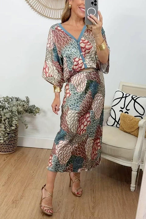 Moxidress 3/4 Sleeves Button Up Top and High Waist Maxi Skirt Printed Set