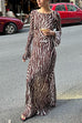 Moxidress Boat Neck Bell Sleeves Animal Print Maxi Dress