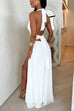 Moxidress Deep V Neck Halter Tie Knot Backless Slit Maxi Dress