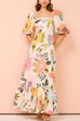 Moxidress Square Collar Puff Sleeves Floral Print Cotton Linen Ruffle Maxi Dress