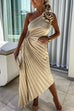 Moxidress 3D Rose One Shoulder Cut Out Waist Asymmetric Hem Pleated Maxi Dress