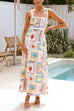 Moxidress Tie Back Ric Rac Trim Unique Print Maxi Cami Holiday Dress