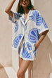 Moxidress V Neck Short Sleeves Shirt and Drawstring Waist Shorts Seashell Print Set