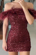 Moxidress Off Shoulder Feather Trim Sequin Mini Party Dress