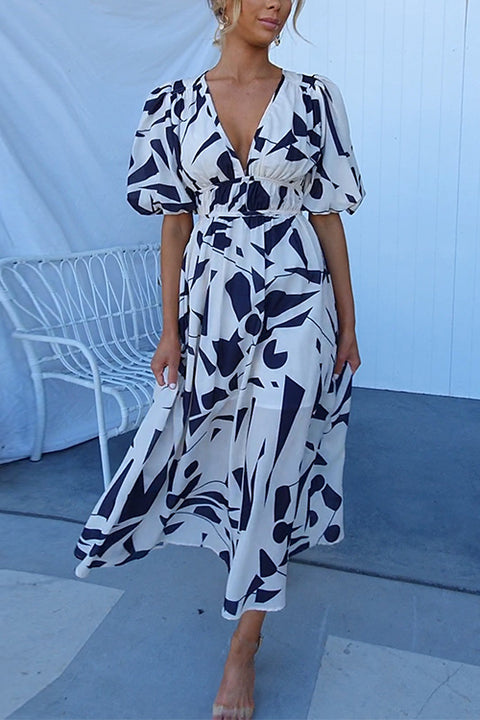 Moxidress V Neck Puff Sleeves Printed Maxi Flowy Dress