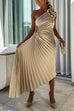 Moxidress 3D Rose One Shoulder Cut Out Waist Asymmetric Hem Pleated Maxi Dress