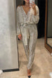 Moxidress Wrap V Neck Tie Waist Sequin Jumpsuit