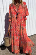 Moxidress Ruched Button Down Balloon Sleeves Printed Maxi Dress