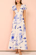 V Neck Puff Sleeves Resort Print A-line Maxi Dress