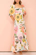 Moxidress Square Collar Puff Sleeves Floral Print Cotton Linen Ruffle Maxi Dress