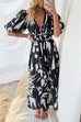 Moxidress V Neck Puff Sleeves Printed Maxi Flowy Dress