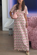 Moxidress V Neck Short Sleeves Floral Print Maxi Holiday Dress