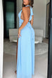 Moxidress Deep V Neck Halter Tie Knot Backless Slit Maxi Dress