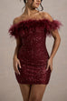 Moxidress Off Shoulder Feather Trim Sequin Mini Party Dress