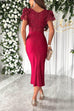 Moxidress V Neck Ruffle Sleeves Slit Sequin Midi Party Dress