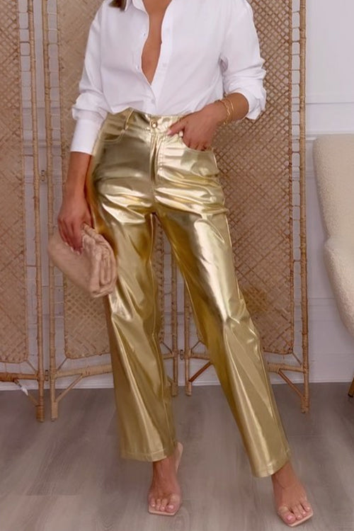 Moxidress High Waist Straight Leg Shiny Faux Leather Pants