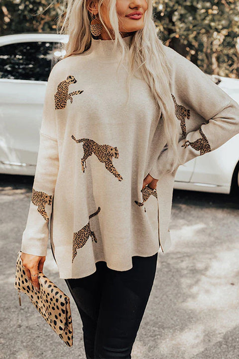 Moxidress High Neck Side Slit Cheetah Pattern Sweater