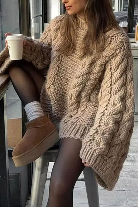 Moxidress Round Neck Oversized Cable Knit Sweater