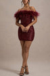 Moxidress Off Shoulder Feather Trim Sequin Mini Party Dress