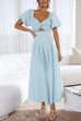 Moxidress V Neck Twist Front Puff Sleeves Cut Out Maxi Dress