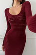 Moxidress Long Sleeves Hollow Out Crochet Knit Midi Dress