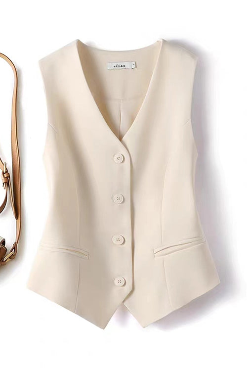 Moxidress V Neck Button Up Pocketed Blazer Vest