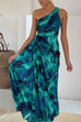 Moxidress One Shoulder Drawstring Cut Out Printed Maxi Pleated Dress