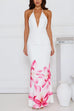 Moxidress Halter V Neck Backless Ruched Flower Print Maxi Dress