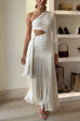 One Shoulder Cut Out Drape Fringed Maxi Dress