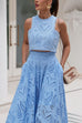 Moxidress Lace Hollow Out Crewneck Crop Tank Top High Waist Maxi Swing Skirt Set