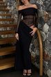 Moxidress Off Shoulder Long Sleeves Mesh Splice Maxi Dress