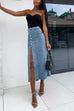 Moxidress Button Down Slit Midi Denim Skirt