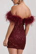 Moxidress Off Shoulder Feather Trim Sequin Mini Party Dress