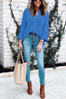 Moxidress Buttons V Neck Side Split Waffle Knit Sweater