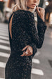 Moxidress Long Sleeves Back Cut Out Sequin Midi Dress